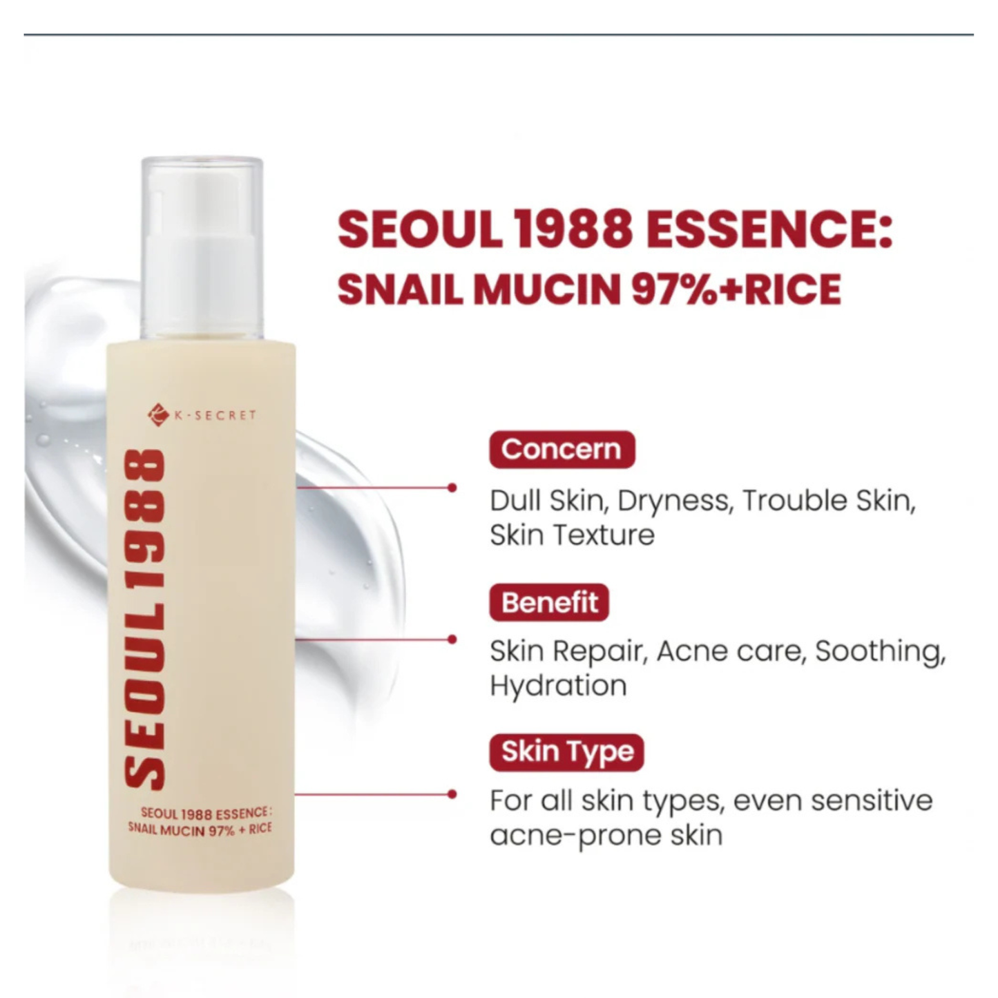 Seoul 1988 Essence, Snail Mucin 97% + Rice, 3.38 fl oz 100 ml