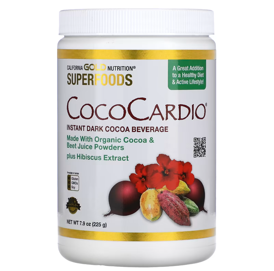 California Gold Nutrition, CocoCardio, Boisson instantanée au cacao noir certifié biologique, Avec jus de betterave et hibiscus, 225 g