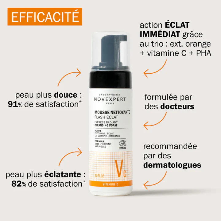 NOVEXPERT OFFRE SPECIALE DUO PEAU ECLATANTE sérum booster 30ml + Mousse Flash Eclat 150 ML + POCHON