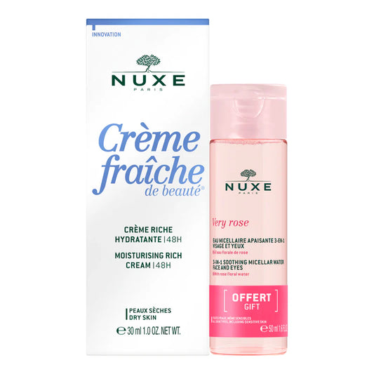 Nuxe Crème Riche Hydratante 48H 30ml + Eau Micellaire Apaisante 3-en-1 50ml Offerte